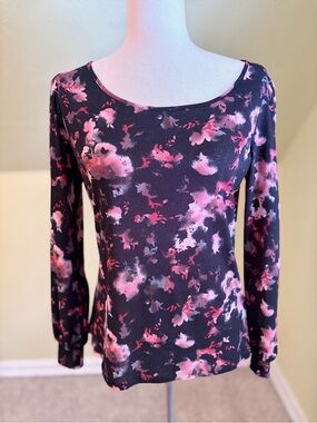J. Jill Sheer Black, Red and Pink Floral Blouse Petite Fairycore Whimsical